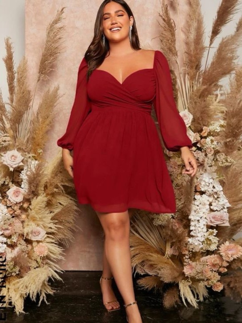 NWT Shein Curve 1X Red Unity Sweetheart Neck Lantern Sleeve Dress
